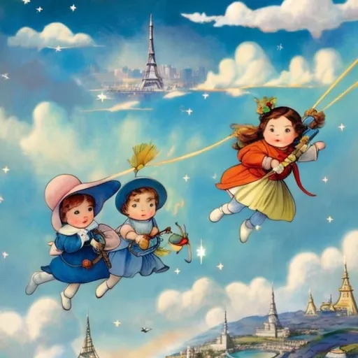 Prompt: Mabel Attwell, Kate Greenaway, Anne Anderson, Margaret Tarrant, Beatrix Potter Mysterious Strange Fantastic Surreal Sci-Fi Fantasy Hand-cranked Spring Rocket Boys and Girls Play Rocket Flying Blue Sky Clouds Rainbow Moon Tokyo Tower Detailed, high quality masterpiece