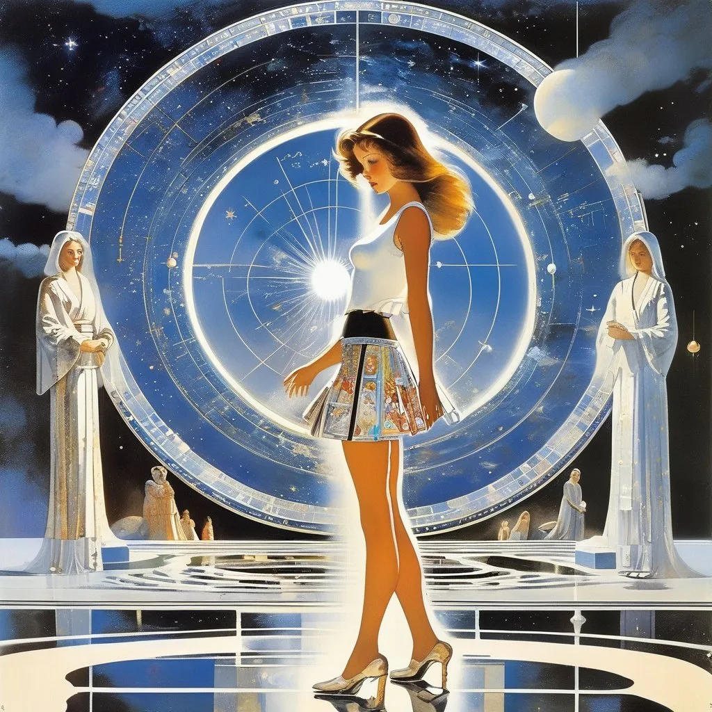 Prompt: Robert McCall, Paul Delvaux, Surreal, mysterious, strange, fantastical, fantasy, Sci-fi, Japanese anime, Metatron, entropic miniskirt beautiful girl, perfect body, astrology, detailed masterpiece 