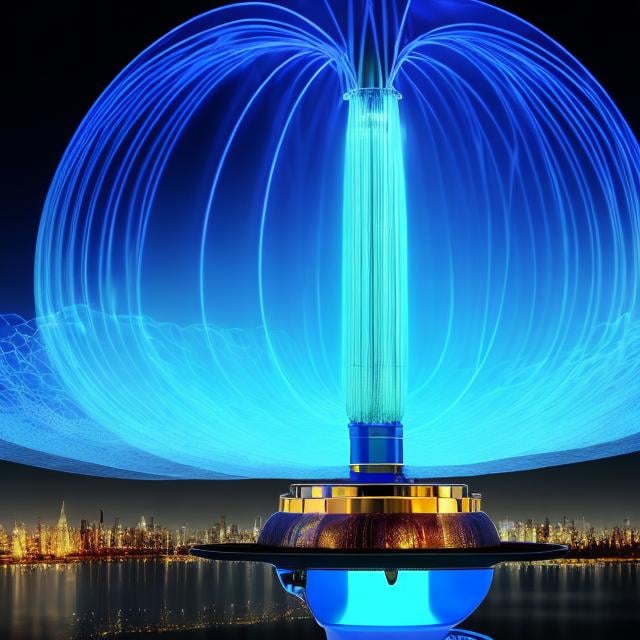 Prompt: Surreal, mysterious, bizarre, fantastical, fantasy, Sci-fi fantasy, anime, blueprint of future technology, ultra-high frequency/ultra-high voltage alternating current experiment, world system, electric phenomenon in vacuum, earth is the largest spherical capacitor (electricity storage), Tesla coil, Detailed masterpiece 