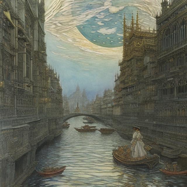 Prompt: Walter Crane, Arthur Rackham, Shinya Komatsu, Surreal, mysterious, strange, fantastical, fantasy, Sci-fi, Japanese anime, three phases of the moon, a city where many layers of time are layered, a festival night, a beautiful girl in a miniskirt, detailed masterpiece 