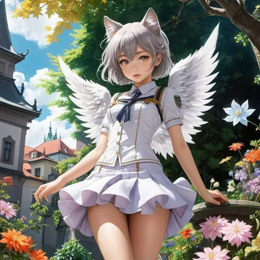 Prompt: Wolf Erlbruch, Mitsukazu Mihara, Surreal, mysterious, strange, fantastical, fantasy, Sci-fii, Japanese anime, star crystal flower, garden with cat tree, miniskirt fallen angel beautiful girl in Prague, perfect voluminous body, detailed masterpiece 