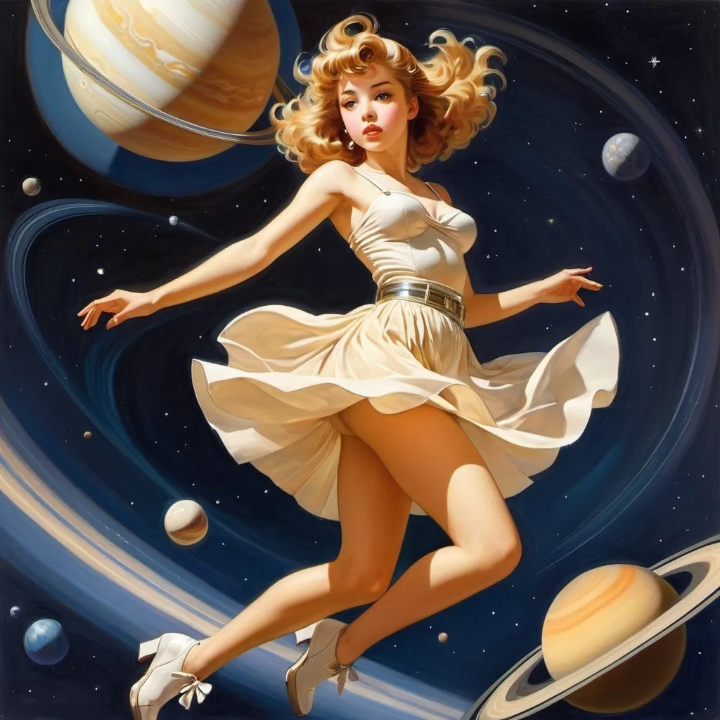 Prompt: Yufushi, Andrew Loomis, Surreal, mysterious, strange, fantastical, fantasy, Sci-fi, Japanese anime, musical cosmology, the mental image of a beautiful girl in a miniskirt is fluttering around Saturn's path, perfect voluminous body, detailed masterpiece 