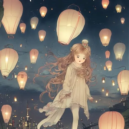 Prompt: Kate Greenaway, Japanese anime,  surreal　wondrous　strange　Whimsical　fanciful　Sci-Fi Fantasy　Toronto Night View　Flying lanterns　Solo girl, hyperdetailed high resolution high quality high definition masterpiece, manga lines, realistic