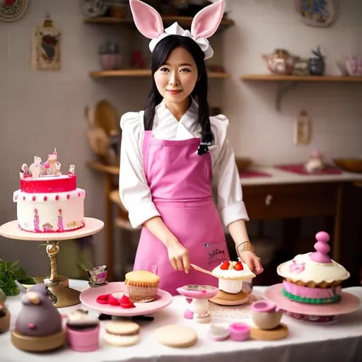 Prompt: Tomoko Ninomiya, Mabel Attwell, Surreal, mysterious, bizarre, fantastical, fantasy, Sci-fi, Japanese anime Alice, a beautiful blonde miniskirt girl at the cooking class. The teacher is the Queen of Hearts. Today she is making a shortcake. The cake is bigger than Alice. A smiling Alice. Rabbits and card soldiers. A bird's-eye view of the dynamism that surprised everyone, detailed masterpiece 