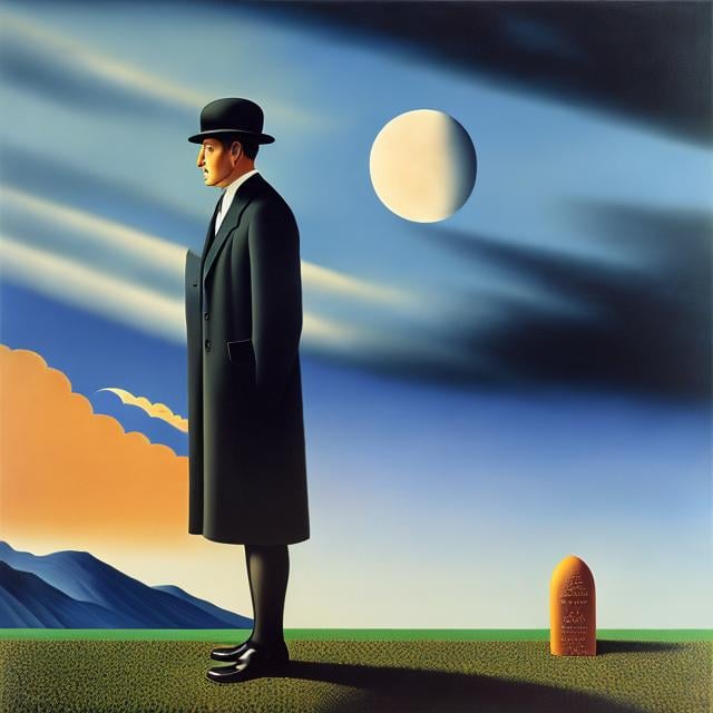 Prompt: René Magritte, Dali, Kikuji Yamashita, Surreal, mysterious, strange, fantastical, fantasy, Sci-fi, Japanese anime, a man who continues to create the path of life, starry sky, moon, clouds, detailed masterpiece high resolution definition quality, depth of field, cinematic lighting 