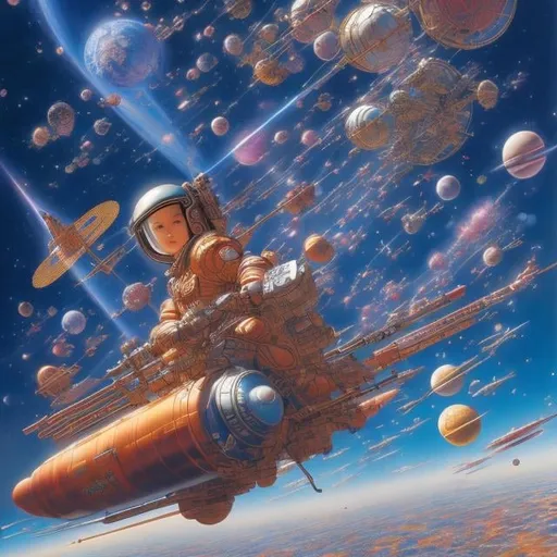 Prompt: Jean Giraud, Masamune Shirow, Katsuhiro Otomo, Frank Pape, Japanese anime, surreal mysterious strange bizarre fantasy sci-fi fantasy, satellite orbit, space station, solo girl, derailed, high resolution definition quality masterpiece 