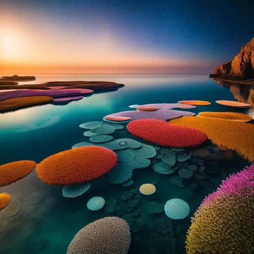 Prompt: Alexander Abdo, Hilma af Klint, Surreal, mysterious, bizarre, fantastical, fantasy, Sci-fi, Japanese anime, garden in the sky, sea of ​​stars, sea, ships, and people, rock pools are microcosms, water planets, detailed masterpiece high resolution definition quality, depth of field cinematic lighting 