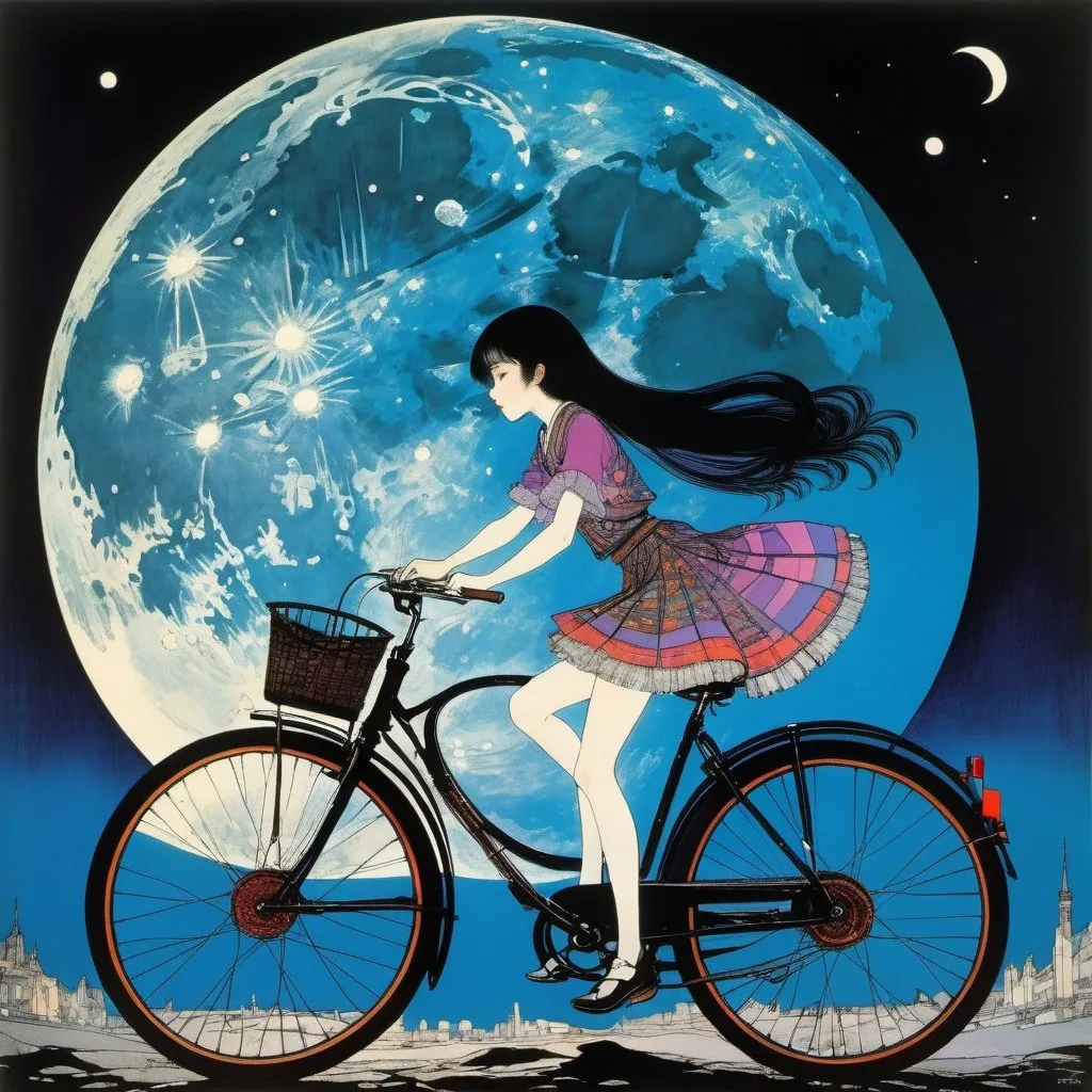 Prompt: Harry Clarke, Shigeru Tamura, Surreal, mysterious, strange, fantastical, fantasy, Sci-fi, Japanese anime, darkness beyond the night, the moon sleeps on the ground, a bicycle trip of a beautiful girl in a miniskirt, perfect voluminous body, detailed masterpiece 