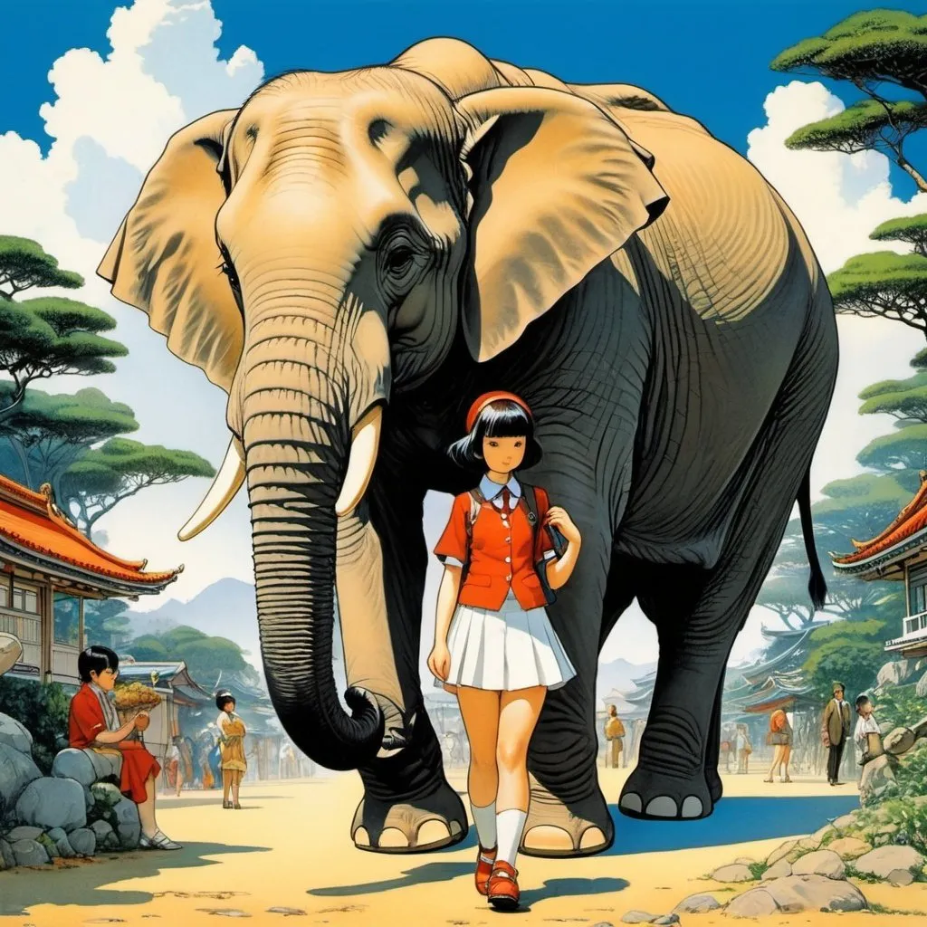 Prompt: Anne Anderson, Lawson Wood, Heath Robinson, Éric Hérenguel, katsuhiro Otomo, Surrealism Mysterious Weird Fantastic Fantasy Sci-Fi, Japanese Anime, Miniskirt Beautiful High School Girl and cute miniature Pet Elephant, perfect voluminous body, elephant is small enough to stand in the girl’s palm, detailed masterpiece 