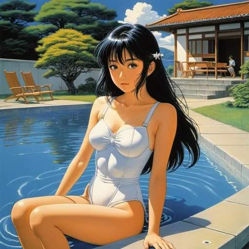 Prompt: Larry Elmore, Shigeru Tamura, Hiroshi Masumura, Surreal, mysterious, strange, bizarre, fantasy, sci-fi, Japanese anime, Saturn sinking into the school pool, beautiful girl basking in the sun, perfect voluminous body, detailed masterpiece 