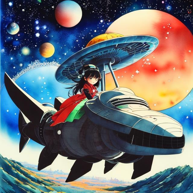 Prompt: Masamune Shirow, Satoshi Kon, Surreal, mysterious, bizarre, fantastical, fantasy, Sci-fi, Japanese anime, multiple watercolor woodblock prints, beautiful girl in a miniskirt riding a dragon, perfect voluminous body, spaceship, huge planet, multicolored starry sky, detailed masterpiece 