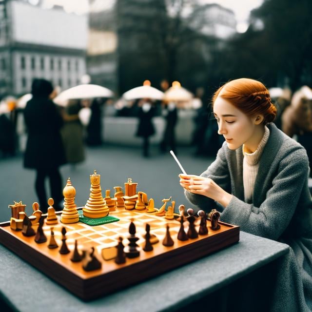 Prompt: Elsa Beskow, Ernst Kreidolf, Mysterious, strange, surreal, bizarre, fantasy, Sci-fi, Japanese anime, geometric automatic chess device, cobblestone square, setting moon, beautiful girl in a miniskirt eating at a ramen stall, perfect body, detailed masterpiece 