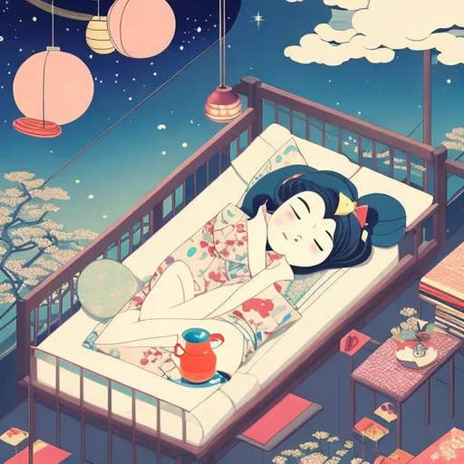 Prompt: Andy Catling, Tomie dePaola, Ukiyo-e style Japanese anime mysterious strange bizarre surreal sci-fi fantasy library floating bed sleeping girl moo, hyper high resolution high definition high quality masterpiece