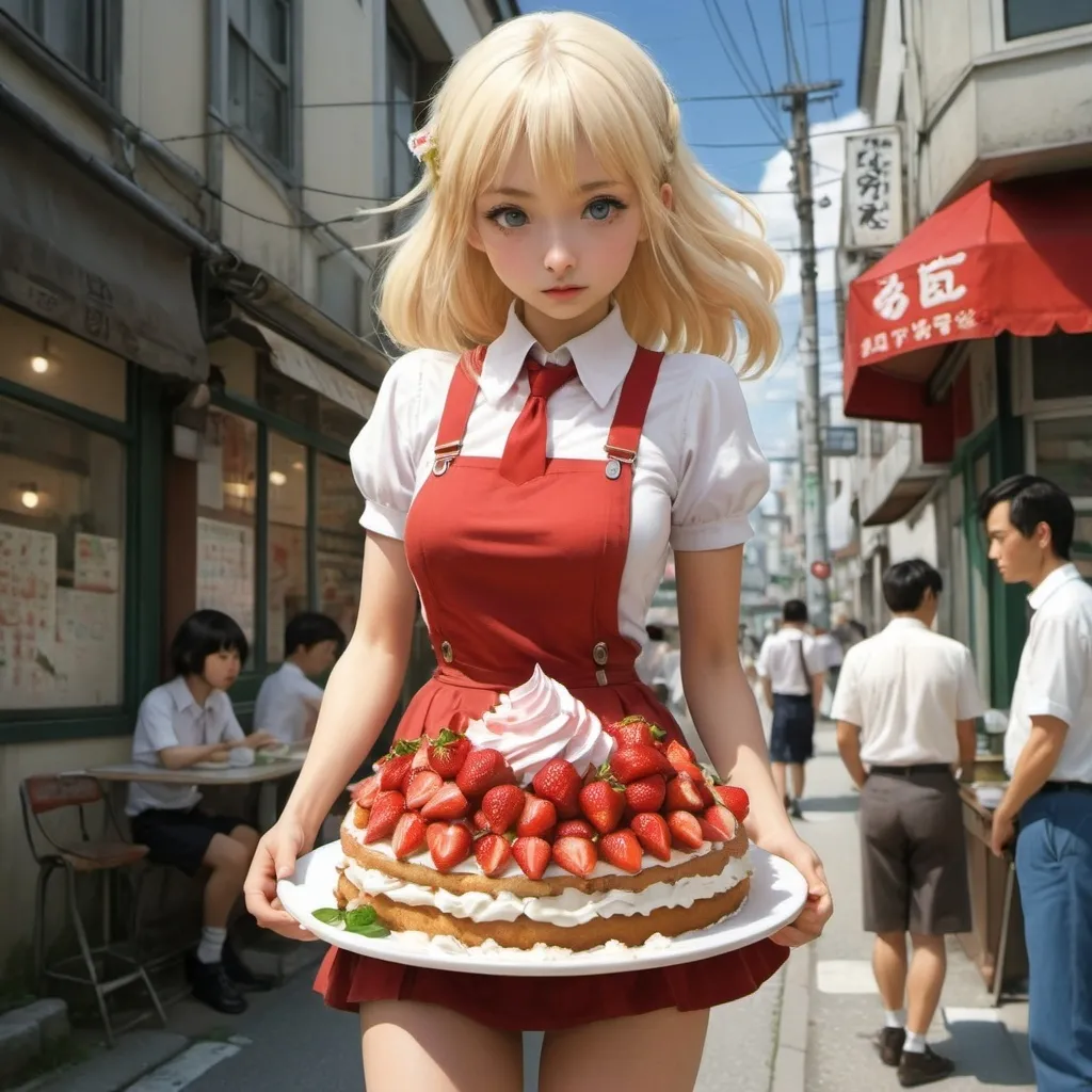 Prompt: Kore Yamazaki, Elsa Beskow, Satoshi Urushihara, Emanuele Luzzati, Ron Walotsky, Surrealism, wonder, strange, bizarre, fantasy, Sci-fi, Japanese anime, street corner cafe toolbox, miniskirt beautiful high school girl eating strawberry shortcake, perfect voluminous body, detailed masterpiece 