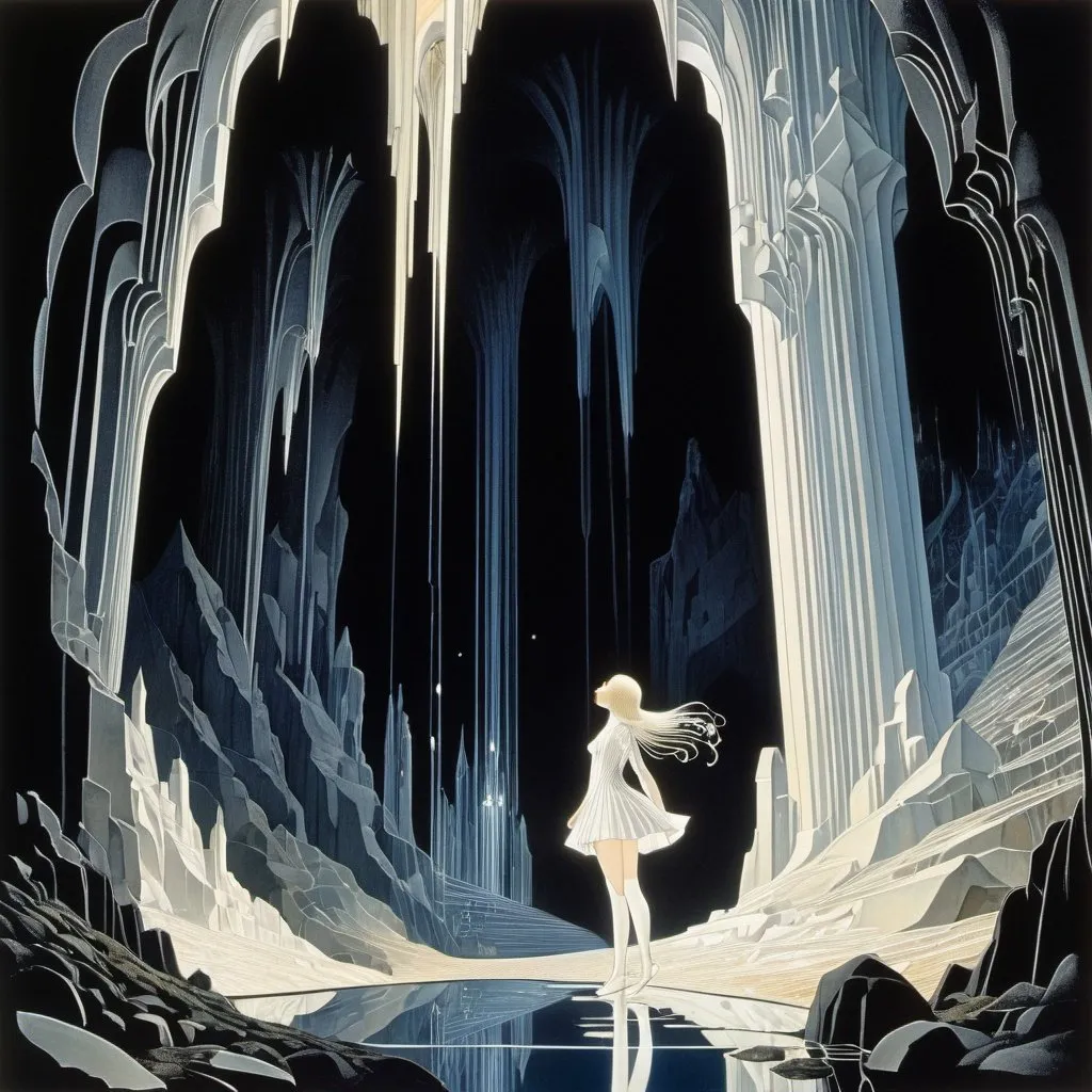 Prompt: Kay Nielsen, Georges de La Tour, Juan Gris, Surreal, mysterious, strange, fantastical, fantasy, Sci-fi, Japanese anime, minerals sing, crystal palace in the underground labyrinth, streaks of light leaking from the ground, beautiful high school girl in a miniskirt looking up at the sparkling cave, perfect voluminous body, detailed masterpiece low high angles 