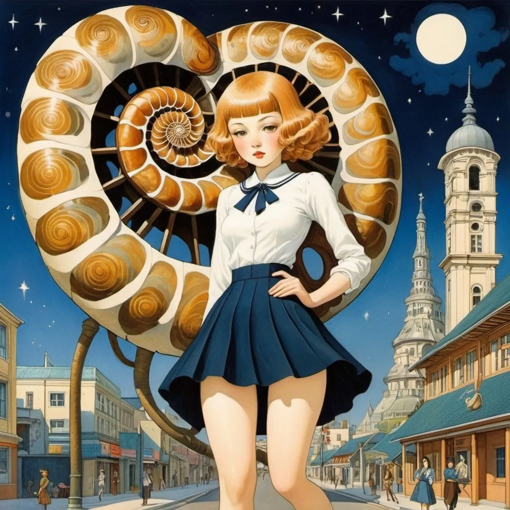 Prompt: François-Louis Schmied, John Austen, Gerda Wegener, Adrienne Segur, Surrealism, wonder, strange, bizarre, fantasy, Sci-fi, Japanese anime, giant ammonite fossil, deserted late night city, miniskirt beautiful high school girl's dream walk, perfect voluminous body, detailed masterpiece perspectives