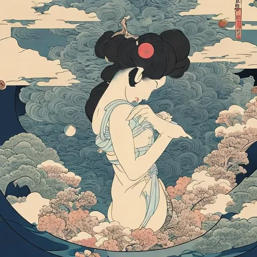 Prompt: Ukiyo-e style　Margaret Tarrant Anime　surreal　absurderes　wondrous　strange　Whimsical　Sci-Fi Fantasy　Inside the theater　Floating Moon　a beauty girl