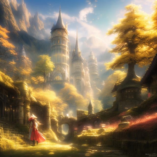 Prompt: Tsukasa Ave,Rudolf Jettmar,  Surreal, mysterious, strange, fantastical, fantasy, Sci-fi, Japanese anime, traveling miniskirt beautiful elf, castle, forest, clear blue sky, wide angle, detailed masterpiece 