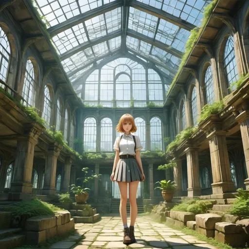 Prompt: Edith Rimmington, Anne Anderson, Surrealism Mysterious Weird Fantastic Fantasy Sci-Fi, Japanese Anime, Old-fashioned buildings reminiscent of stone and steel structures, modern glass greenhouse-like structures, architecture standing alone in an unknown place, ancient ruins, unfinished buildings. A miniskirt beautiful high school girl, picturesque, perfect voluminous body, detailed masterpiece 