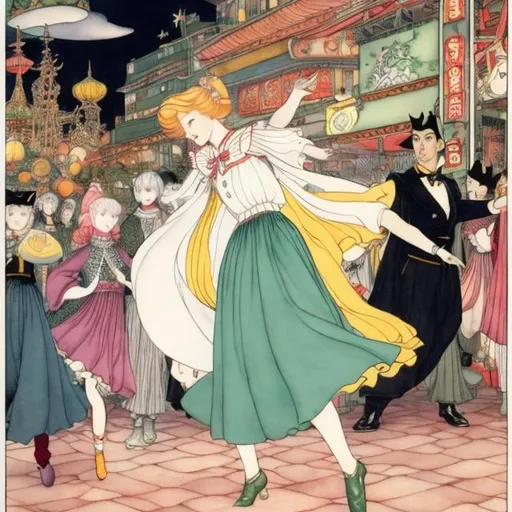 Prompt: Elsa Beskow, Minako Narita, George Barbier, Surreal, mysterious, bizarre, fantastical, fantasy, Sci-fi, Japanese anime Alice, a beautiful blonde mini-skirt girl happily dancing samba in Asakusa. Dancing with her are the General, King Kong, Count Dracula, Peter Pan, and the Fairy Queen. Happy, fun, and dynamic. The audience laughing, attracting attention, detailed masterpiece 