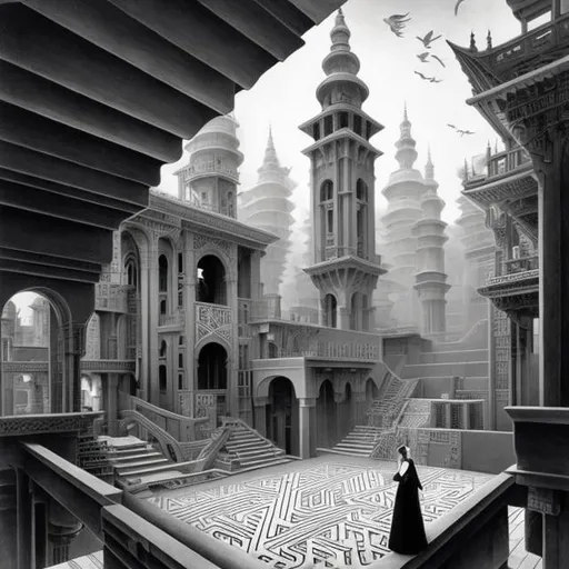 Prompt: M c Escher, Charles Robinson, Surreal, mysterious, strange, fantastical, fantasy, Sci-fi, Japanese anime, a machine called labyrinth, a tower that rises, a beautiful girl in a miniskirt in perspective, detailed masterpiece 