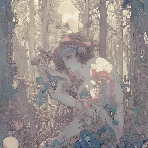 Prompt: John Anster Fitzgerald, George Barbier, Charles Robinson Anime　surreal　absurderes　wondrous　strange　Whimsical　Sci-Fi Fantasy　Girly perfect body, flaunting, scanty clothes　Reflecting all the forests of the universe、The Secret of Containment　Grasp the greatest universe within the smallest universe　Microcosmos