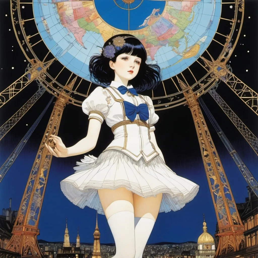 Prompt: Harry Clarke, Anna Airy, Honor C. Appleton, Sophie Gengembre Anderson, Katsuhiro Otomo, Surrealism, strange, bizarre, fantastical, fantasy, Sci-fi, Japanese anime, Radio Eiffel, electric world map, evolutionary history of experiment, miniskirt beautiful high school girl, perfect voluminous body, detailed masterpiece angles perspectives zoom in 