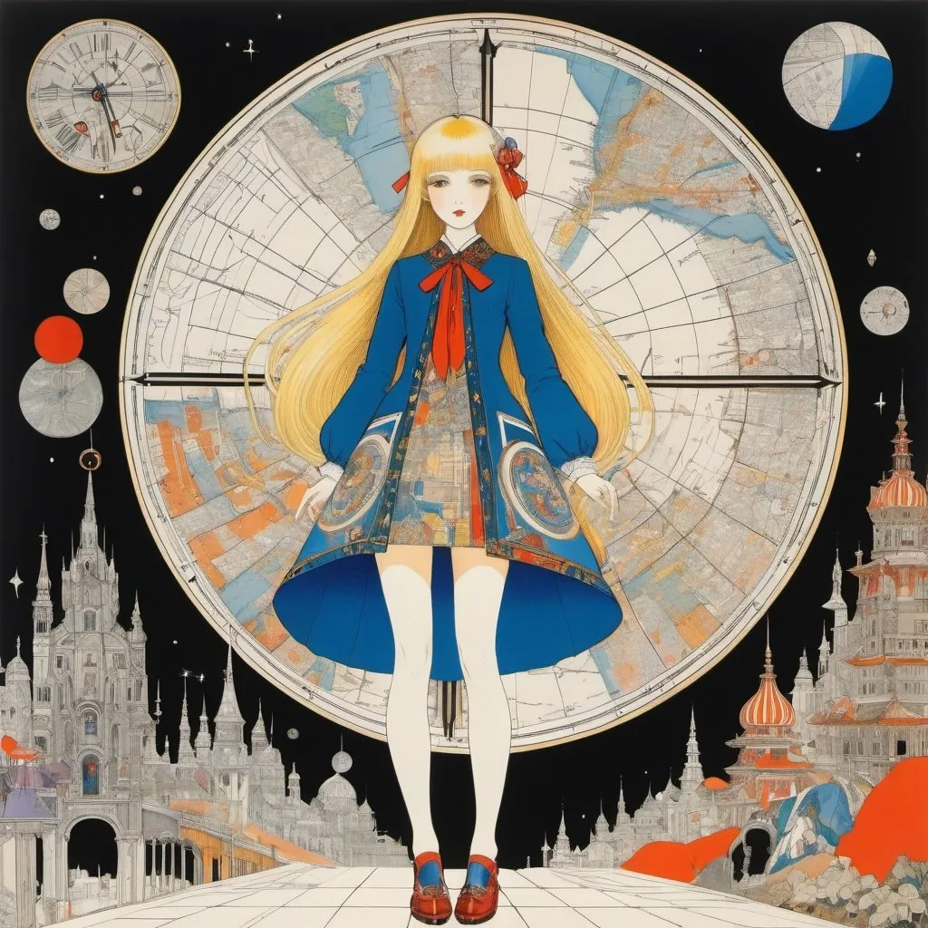 Prompt: Harry Clarke, Lena Anderson, Irene Hedlund, Ib Spang Olsen, Tomoe iwaoka, Surrealism, strange, bizarre, fantastical, fantasy, Sci-fi, Japanese anime, time travel on paper, maps, timetables, blueprints, cross-sections, three-point perspective, sightseeing trip of the beautiful blonde miniskirt girl Alice, perfect voluminous body, detailed masterpiece 