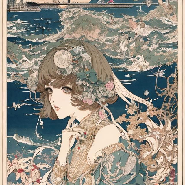 Prompt: George Barbier, Charles Doyle, John Jude Palencar, Walter Crane, Japanese anime, manga lines, observatory, astronomical girl, specimen box, high tide, cafeteria, hyperdetailed high resolution high quality high definition masterpiece 