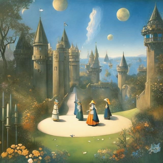 Prompt: Kate Greenaway, Margaret Tarrant, Frank Pape, Remedios Varo Anime Surreal Mysterious Weird Fantastic Sci-fi Fantasy, School Sandbox Kingdom, Castle, Forest, Knight, Girl, hyperdetailed high resolution high definition high quality masterpiece