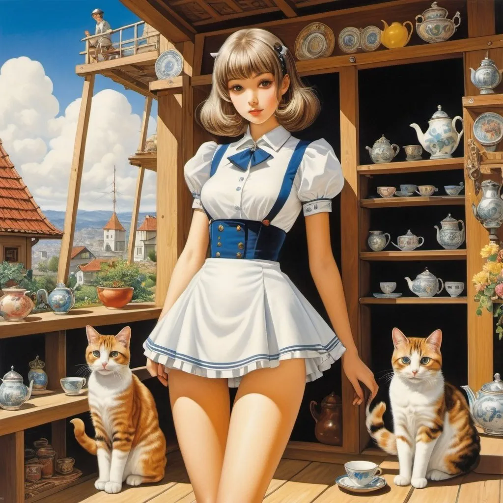 Prompt: Walther Caspari, Gertrud Caspari, Bernhard Oberdieck, Surrealism, wonder, strange, bizarre, fantasy, Sci-fi, Japanese anime, utopia of miniskirt beautiful girls, perfect voluminous body, cats, tea parties, tarot, house under construction, detailed masterpiece perspectives extreme angles