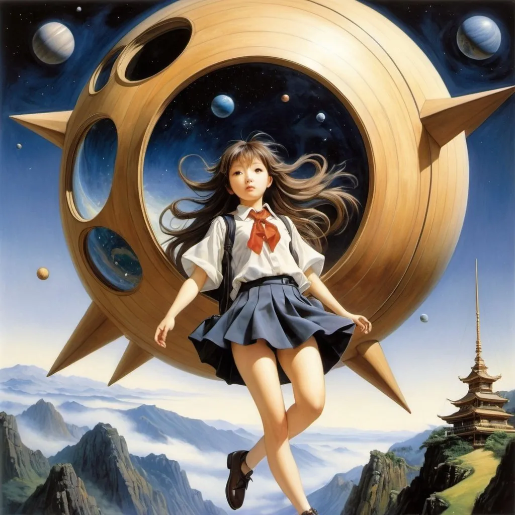 Prompt: Brian Froud, Patrick Woodroffe, Makoto Muramatsu, Shigeru Tamura, Mai Yoneyama, Makoto Aida, Surrealism, mysterious, strange, bizarre, fantasy, Sci-fi, Japanese anime, foreign land, nostalgia, daydreaming, wooden mannequin, Saturn falling to earth, foldable spaceship, beautiful high school girl in a miniskirt going to school, perfect voluminous body, detailed masterpiece 