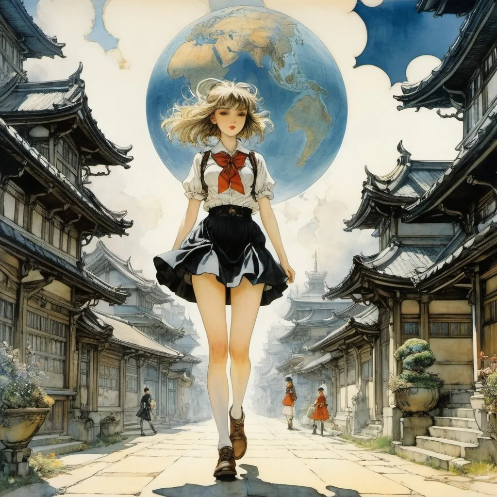 Prompt: Arthur Rackham, Joseph Sattler, Yoshitaka Amano, Charles Robinson, Bernhard Pankok, Surrealism Mysterious Weird Fantastic Fantasy Sci-Fi, Japanese Anime, Earth Observation Miniskirt Beautiful High School Girl Walking on the Meridian, perfect voluminous body, Crossing Borders, detailed masterpiece 