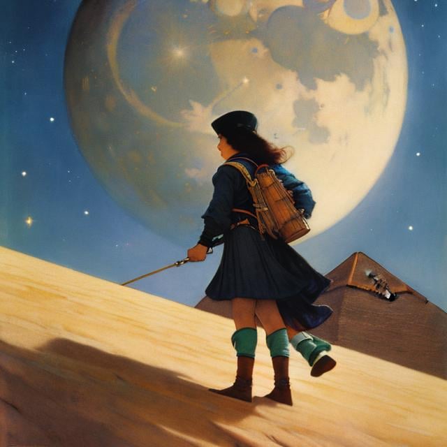 Prompt: Jessie Willcox Smith, Sulamith Wülfing, Kate Greenaway, 　wondrous　strange　Whimsical　Sci-Fi FantasyJapanese high schoolgirl climbing the pyramids of Giza on a bicycle　a beauty girl　solo girl a moon　Milky Way　spacecraft, resolution masterpiece hyper detailed close up to girl