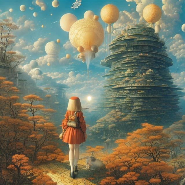 Prompt: Katsuhiro Otomo, Kate Greenaway, Surreal Mysterious Weird Fantastic Fantasy Sci-fi Fantasy Japanese Anime Jacek Yerka style, Galaxy in your Pocket, Miniskirt Beautiful Girl perfect body, detailed masterpiece 