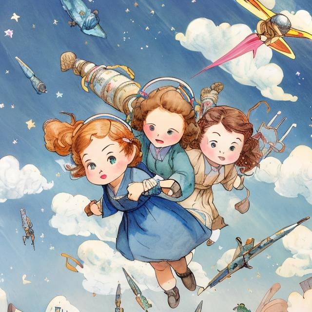 Prompt: Mabel Attwell, Kate Greenaway, Anne Anderson, Margaret Tarrant, Beatrix Potter Japanese anime, Sci-Fi Fantasy Hand-cranked Spring Rocket Boys and Girls Play Rocket Flying Blue Sky Clouds Rainbow Moon Tokyo Tower detailed resolution definition high quality masterpiece 