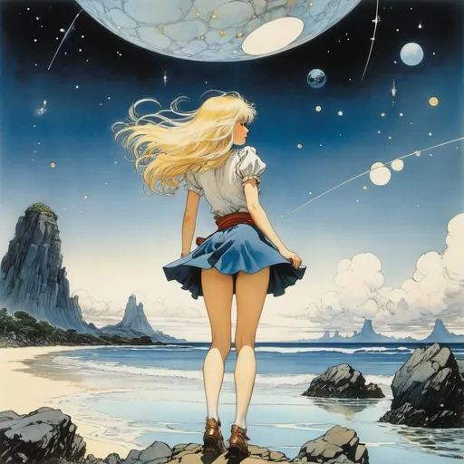 Prompt: Arthur Rackham, Jean Jansem, Andre Brasilier, Yuu Watase, Katsuhiro Otomo, Surrealism, wonder, strange, fantastical, fantasy, Sci-fi, Japanese anime, islands, constellations, and Galapagos, falling blonde miniskirt beautiful girl Alice, perfect voluminous body, detailed masterpiece 