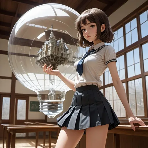 Prompt: Katharine Sturges, Iwao Takamoto, Surreal, mysterious, strange, fantastical, fantasy, Sci-fi, Japanese anime, glass bulb, beautiful high school girl in miniskirt, perfect voluminous body, architectural drawing, perspective drawing, cross-sectional view, spring-loaded, detailed Masterpiece 