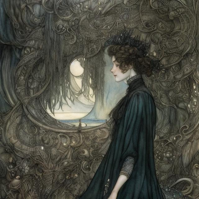 Prompt: Arthur Rackham, Lisbeth Zwerger, Margaret Tarrant, Surreal, mysterious, strange, fantastical, fantasy, Sci-fi, girl Alice, voice of Orpheus, theater in the eyes, Alejandria, Alice's hunt, detailed masterpiece 