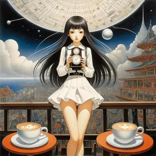 Prompt: Kay Nielsen, Mario Prassinos, Miki Aihara, Lars Hillersberg, David Wiesner, Surrealism, strange, bizarre, fantastical, fantasy, Sci-fi, Japanese anime, beautiful high school girl in a miniskirt with a metronome, perfect voluminous body, sinking into a coffee cup, top view, front view, and side view all drawn together on one plane, detailed masterpiece low high angles perspectives 