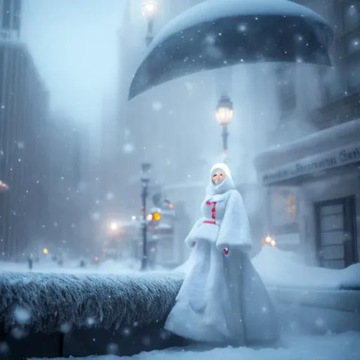 Prompt: Anne Anderson, Adrienne Segur, Surreal, mysterious, bizarre, fantastical, fantasy, Sci-fi, Japanese anime, Christmas Eve, it's snowing, a giant moving snowman suddenly appears in the city of Toronto, the snowman carries a beautiful girl in a Santa costume on his shoulders and walks through the city, the police are also dispatched, the city is in a festive mood, detailed masterpiece 