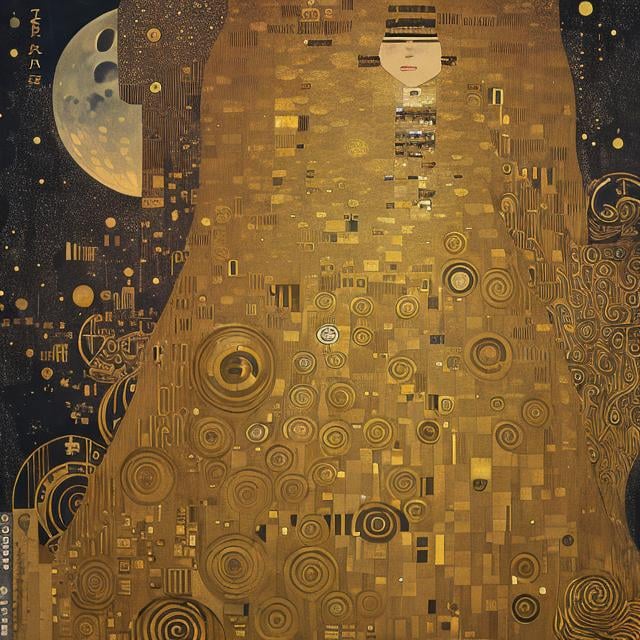 Prompt: Klimt， Richard Doyle, A Japanese style, Frank Pape, animesque　wondrous　strange　Whimsical　Sci-Fi Fantasy　Astronomical phenomena　Aizen Meioh and Hoshijuku　Time interpretation in the composition of a painting depicting the moon　Japan mythological stars　Polaris　Japan Ancient Star Dragon Cult　Twin uterus　Megaliths and astronomical phenomena　asterism　Universe and Human Horizons as Seen in Astrophysics