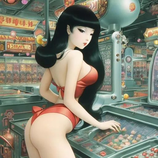 Prompt: Maurice Sendak, Tim Sell, Surreal, mysterious, strange, fantastical, fantasy, sci-fi, Japanese anime, miniskirt beautiful girl who got lost inside a huge pachinko machine, perfect voluminous body, detailed masterpiece 