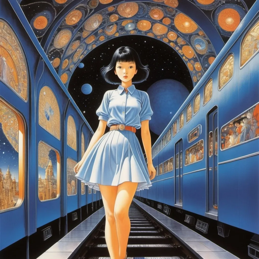 Prompt: Barbara C. Freeman, Katsuhiro Otomo, Satomi Ichikawa, Remedios Varo, Yuu Watase, Surrealism, wonder, strange, fantastical, fantasy, Sci-fi, Japanese anime, Planet Opera Theater, Stardust Plaster, a small train that runs only in the evening, Echo Hunting, Beautiful high school girl in a miniskirt, perfect voluminous body, detailed masterpiece 