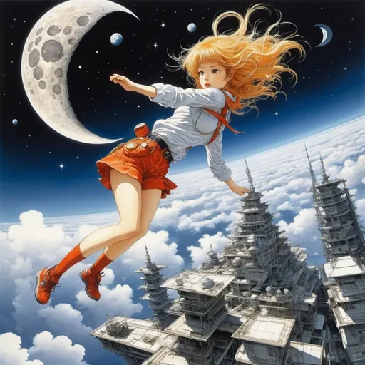 Prompt: Katsuhiro Otomo, Endre Nemes, Mysterious Weird Fantastic Fantasy Sci-Fi Fantasy Anime Surrealism Machine Beautiful Girl Climbing the Moon, perfect voluminous body, detailed masterpiece perspectives angles bird’s eye view looking up looking down sharp focus 
