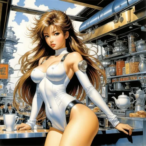 Prompt: Naoyuki Kato, Masamune Shirow, Jim Burns, Erik Drudwyn, Olivia De Berardinis, Alain Aslan, Surrealism, wonder, strange, bizarre, fantasy, Sci-fi, Japanese anime, Pisces sinking into a coffee cup, comet mobile cafe, beautiful high school girl in mechanical clothes, perfect voluminous body, long time no see earth, detailed masterpiece hand coloured fine line drawings 