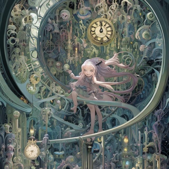 Prompt: Kay Nielsen,  Peter Flötner, animesque　surreal　fanciful　wondrous　strange　Whimsical　Sci-Fi Fantasy　Inside the clock tower　Floating spiral staircase　Miniskirt schoolgirl and kitten　Climb while illuminating your feet with a lamp, perfect body, sweet innocent beautiful face, hyperdetailed high resolution masterpiece