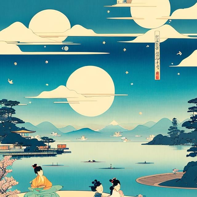 Prompt: Ukiyo-e style, Kate Greenaway,  Jessie Willcox Smith, Heikala, Tokyo future scape, blue sky with some clouds, flying cars, floating gold fishes, Japanese high school girl, looking up at  rainbow, beautiful face dark hair, hyper detailed, high resolution, high definition, high quality, masterpiece, Japanese anime, manga lines, realistic 
