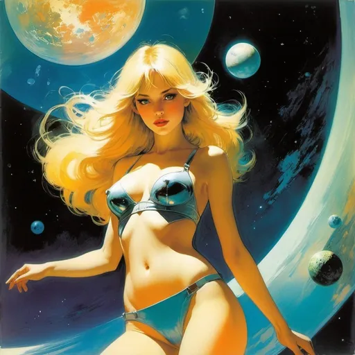 Prompt: Bill Sienkiewicz, John French Sloan, Surreal, mysterious, strange, fantastical, fantasy, Sci-fi, Japanese anime, distance of darkness, flying to Venus, beautiful blonde space girl Alice, perfect voluminous body, detailed masterpiece 