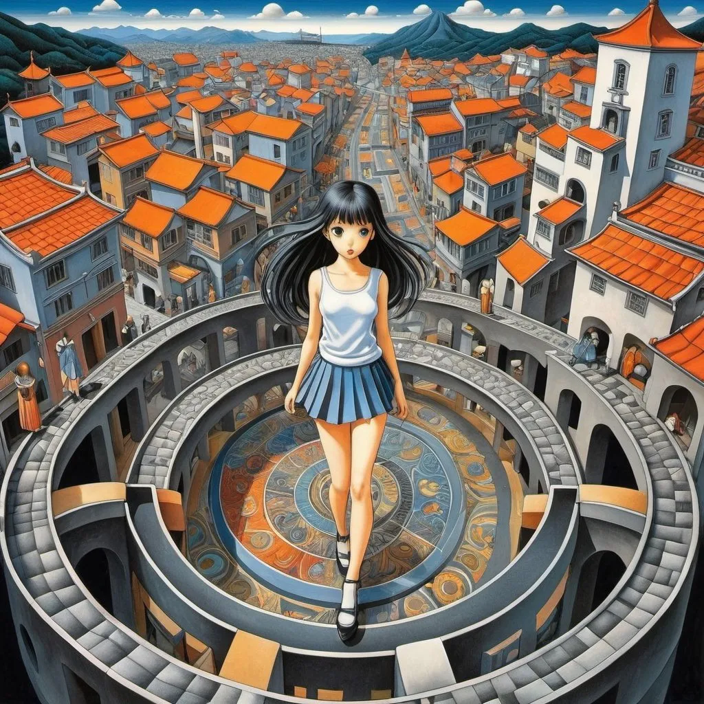 Prompt: M c Escher full colours, Naoyuki Kato, Surreal, mysterious, bizarre, fantastical, fantasy, Sci-fi, Japanese anime, death of God, metaphysical painting, a plaza shrouded in silence, an endless road, a meaningless world, the lingering shadow of a beautiful girl in a miniskirt, perfect voluminous body, a machine called geometry, detailed masterpiece low high angles